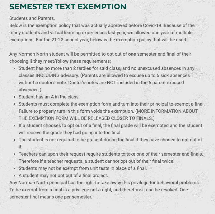 Section of the weekly newsletter that announced the finals exemption policy.