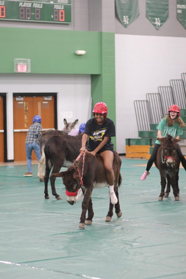 Teja Johnson, senior, steers her donkey across the court. 
