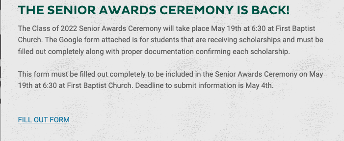 Section of the weekly newsletter announcing the Senior Awards Ceremony. 
