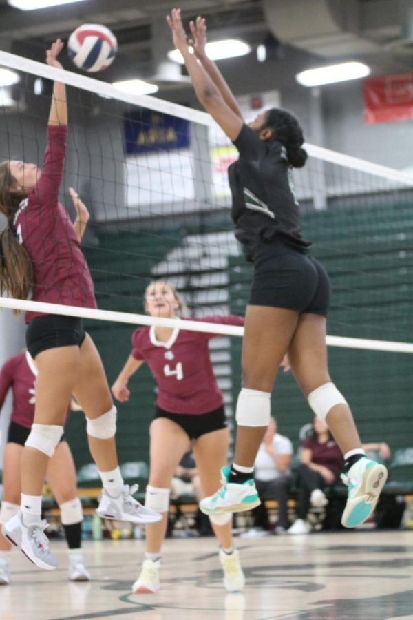 Junior Aja Green goes to block a ball at the net
