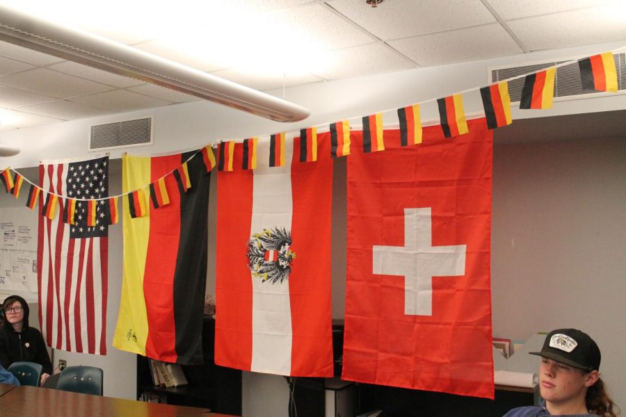 Some of the flags hanging in the German Club room.